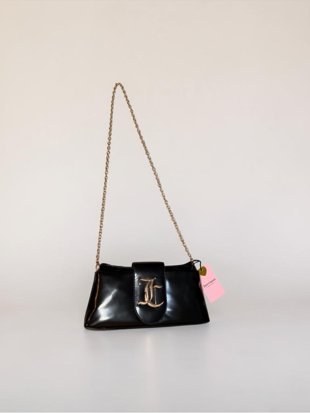 Juicy Couture Black Patent Shoulder Bag with Gold Chain and Monogram
